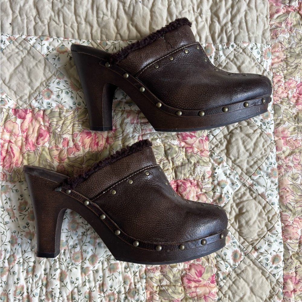 Y2K Brown Leather Studded Women's Clogs